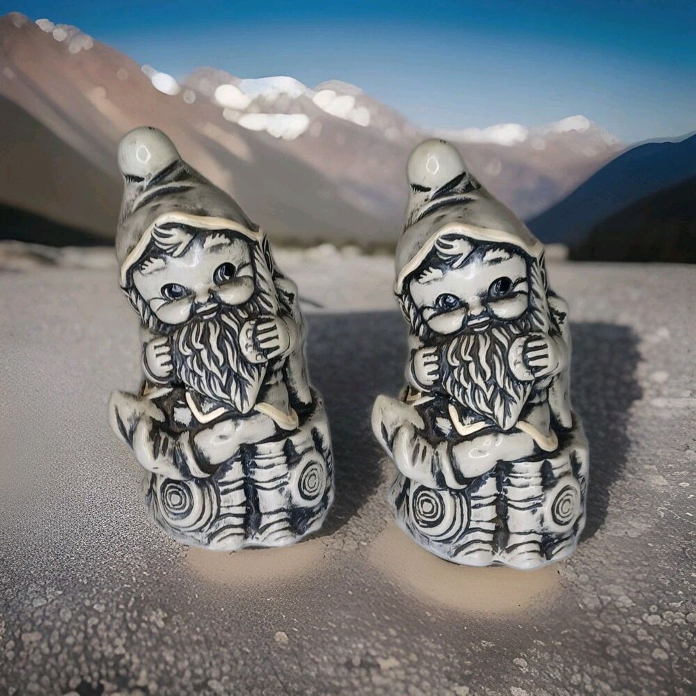 Huge 1970s Twin Winton Gnomes Salt & Pepper Shakers White Fantasy Cottagecore